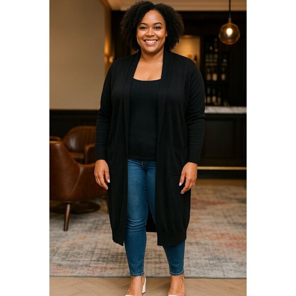 Grace Karin Size Medium Cardigan Sweater Womens Pockets Open Front Long Black - Picture 12 of 12